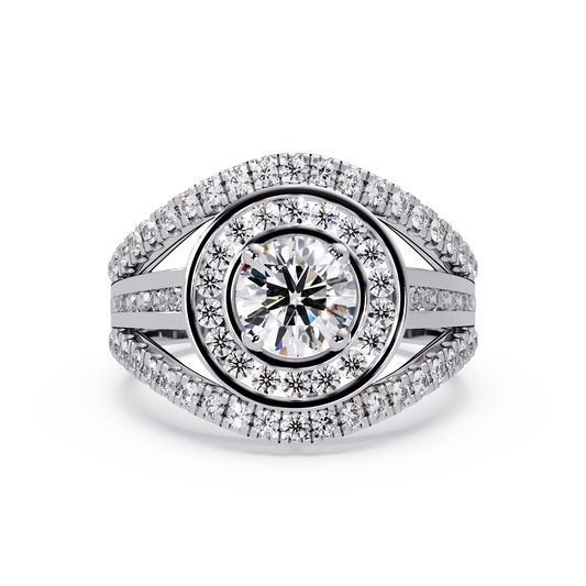 Round Lab Grown Diamond Double Halo Split Shank Ring - HIGHCARAT DIAMONDS