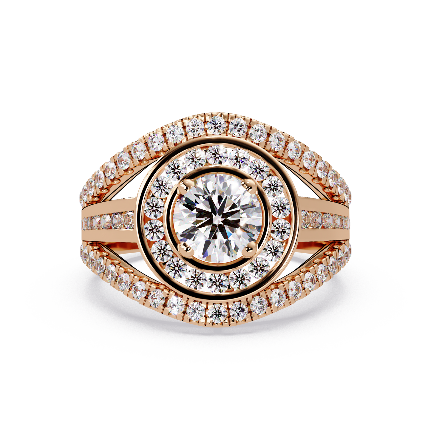 Round Lab Grown Diamond Double Halo Split Shank Ring - HIGHCARAT DIAMONDS