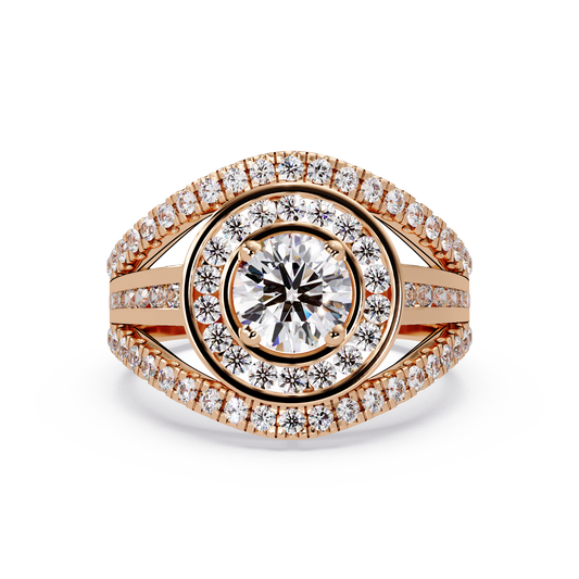 Round Lab Grown Diamond Double Halo Split Shank Ring - HIGHCARAT DIAMONDS