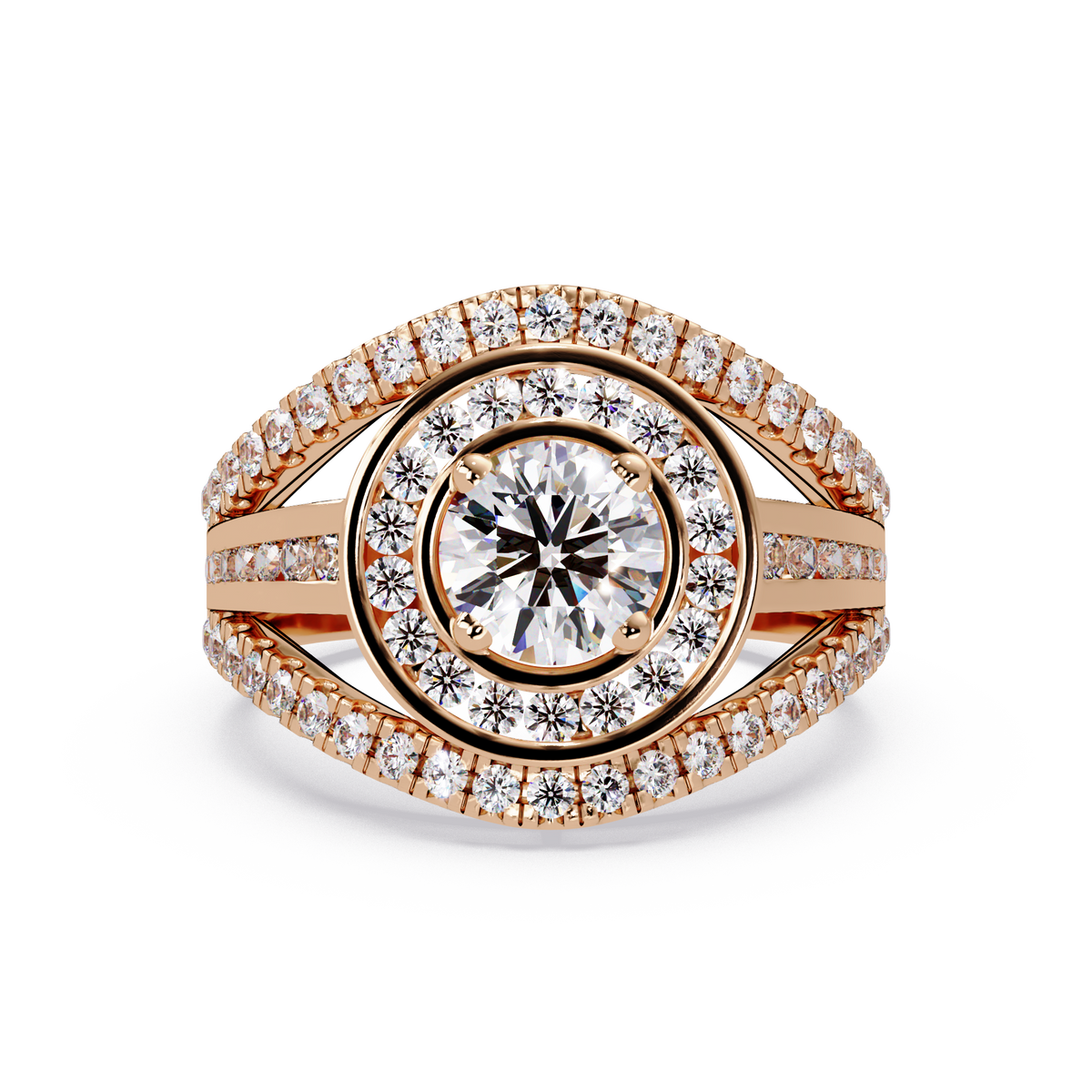 Round Lab Grown Diamond Double Halo Split Shank Ring - HIGHCARAT DIAMONDS