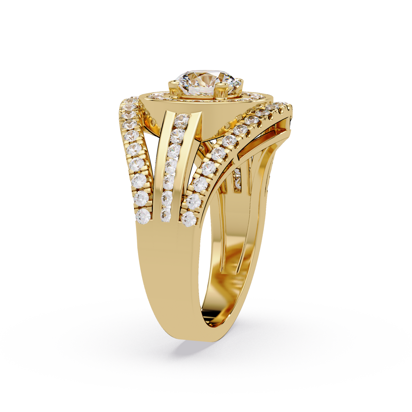 Round Lab Grown Diamond Double Halo Split Shank Ring - HIGHCARAT DIAMONDS