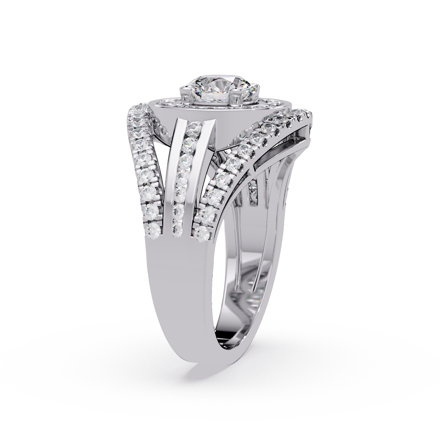Round Lab Grown Diamond Double Halo Split Shank Ring - HIGHCARAT DIAMONDS