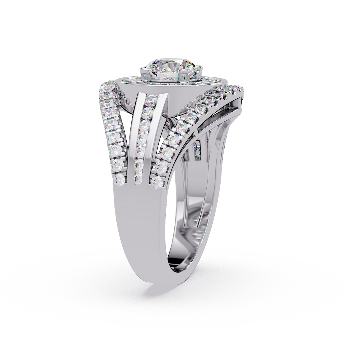 Round Lab Grown Diamond Double Halo Split Shank Ring - HIGHCARAT DIAMONDS