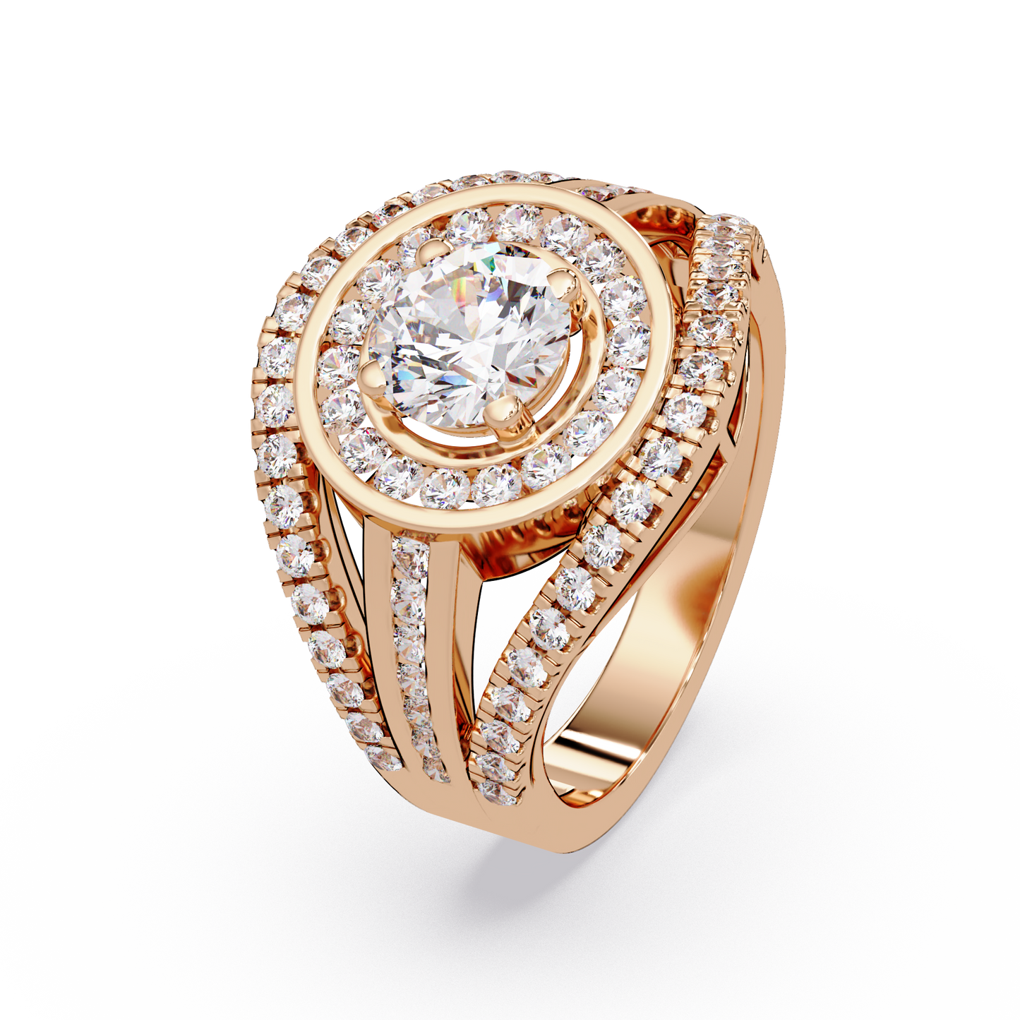 Round Lab Grown Diamond Double Halo Split Shank Ring - HIGHCARAT DIAMONDS