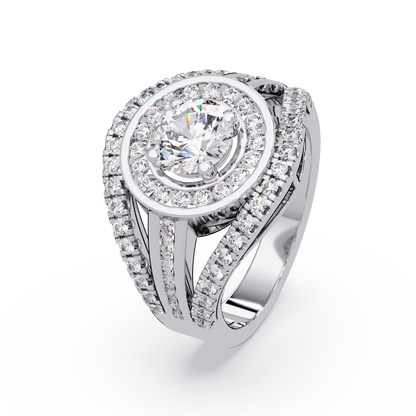 Round Lab Grown Diamond Double Halo Split Shank Ring - HIGHCARAT DIAMONDS