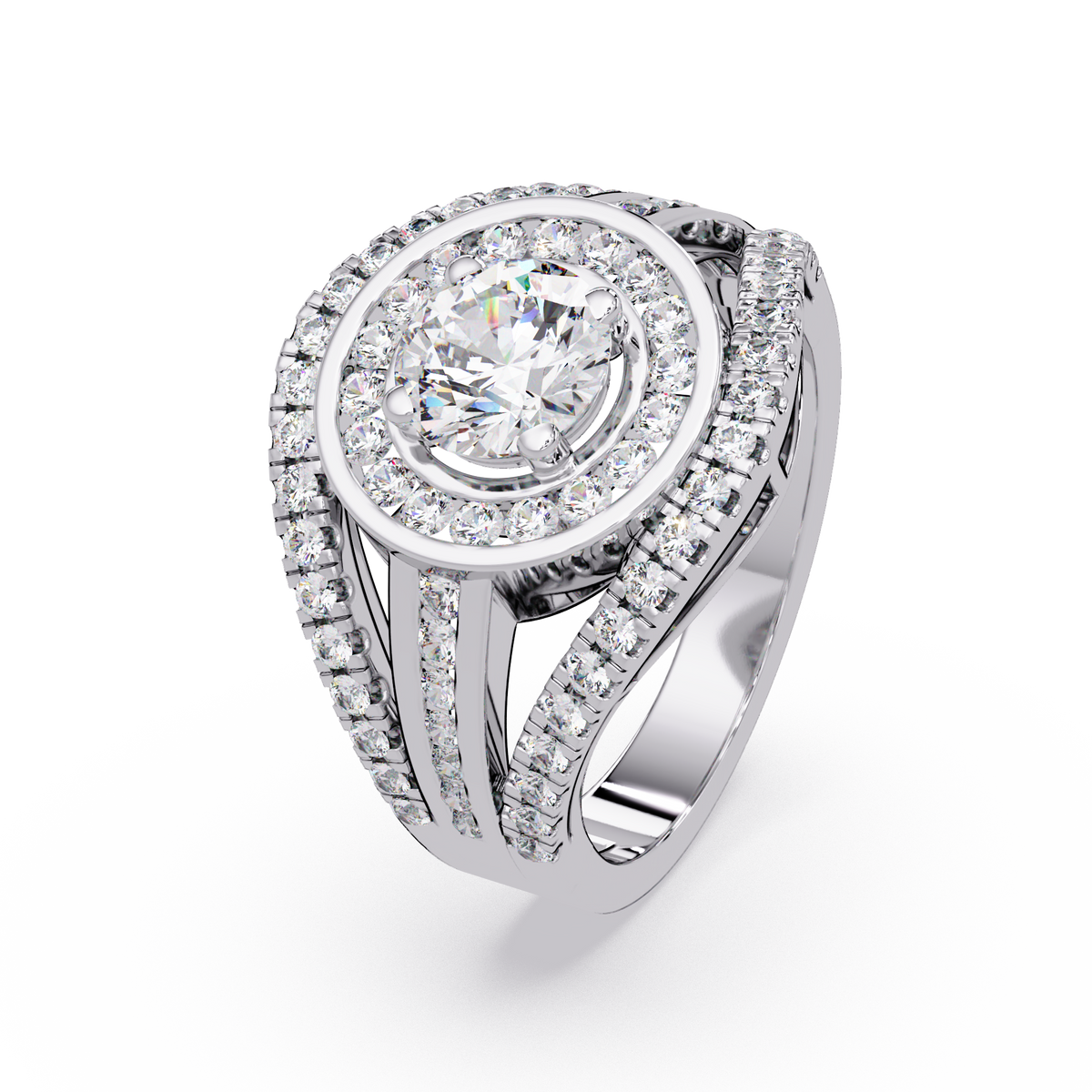 Round Lab Grown Diamond Double Halo Split Shank Ring - HIGHCARAT DIAMONDS