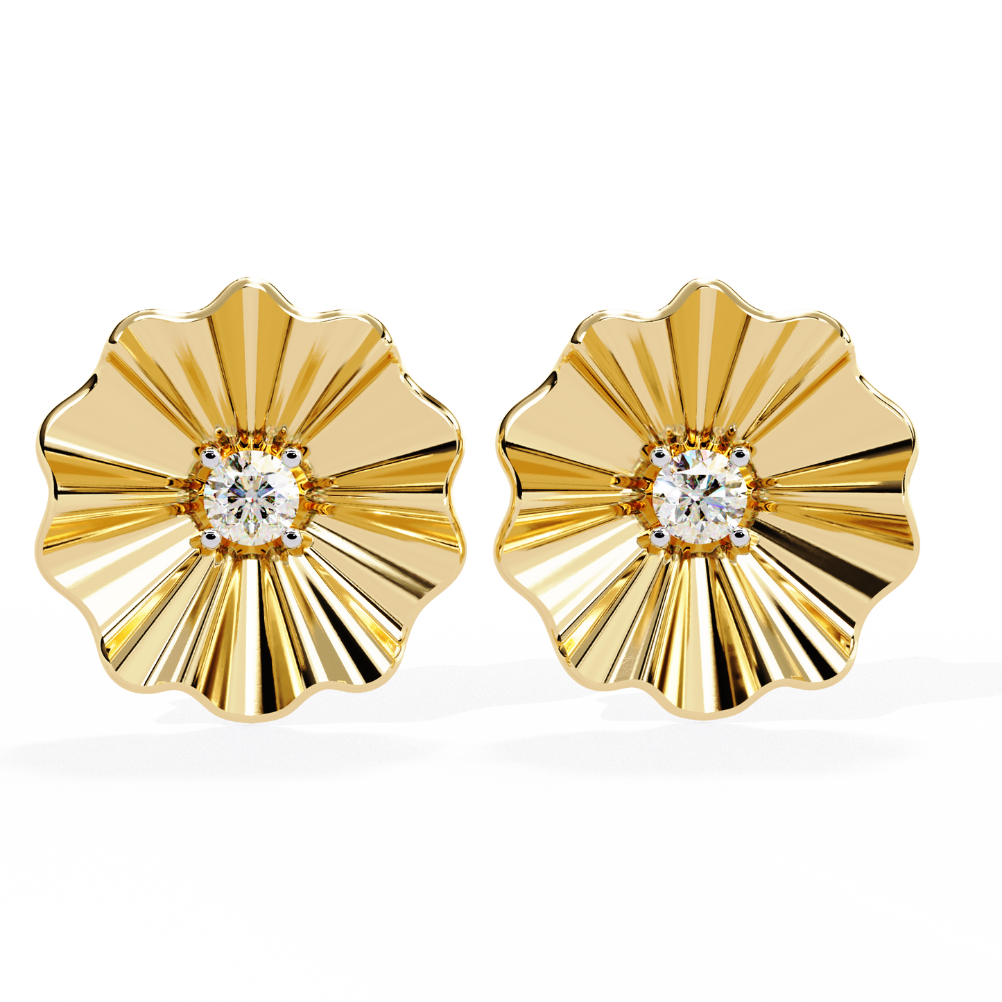 Yellow gold flower shape diamond stud earrings with round center stone