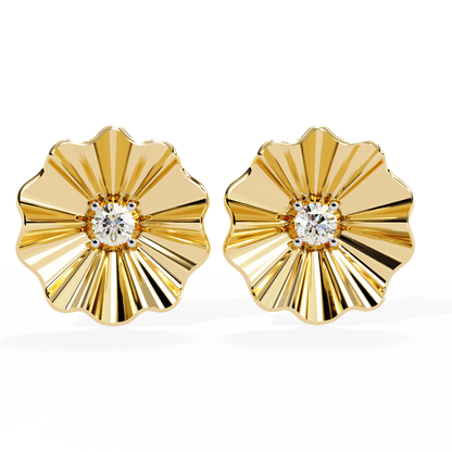 Yellow gold flower shape diamond stud earrings with round center stone