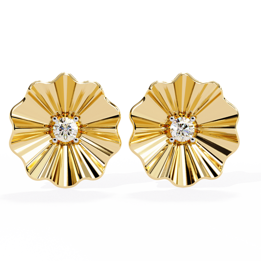 Yellow gold flower shape diamond stud earrings with round center stone