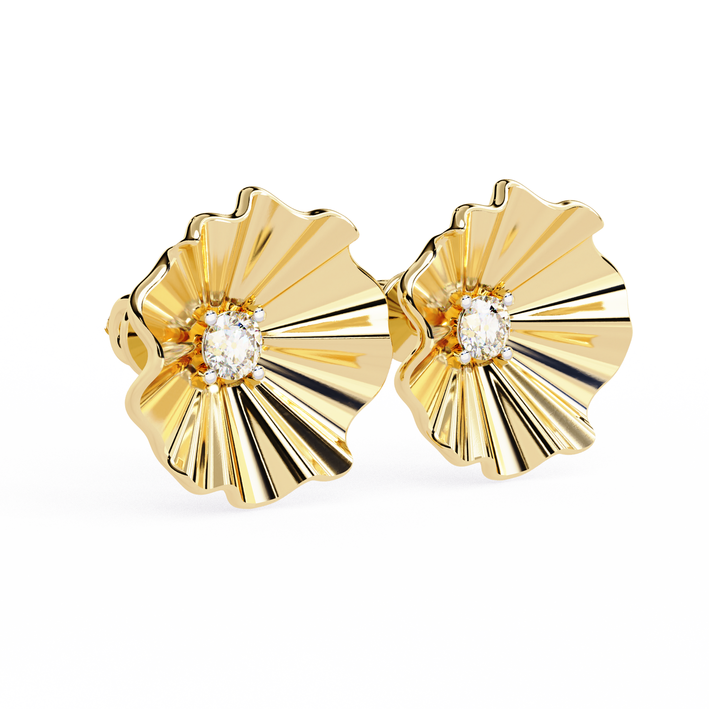 Angled view of flower shape diamond stud earrings in rose gold