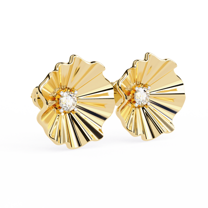 Angled view of flower shape diamond stud earrings in rose gold