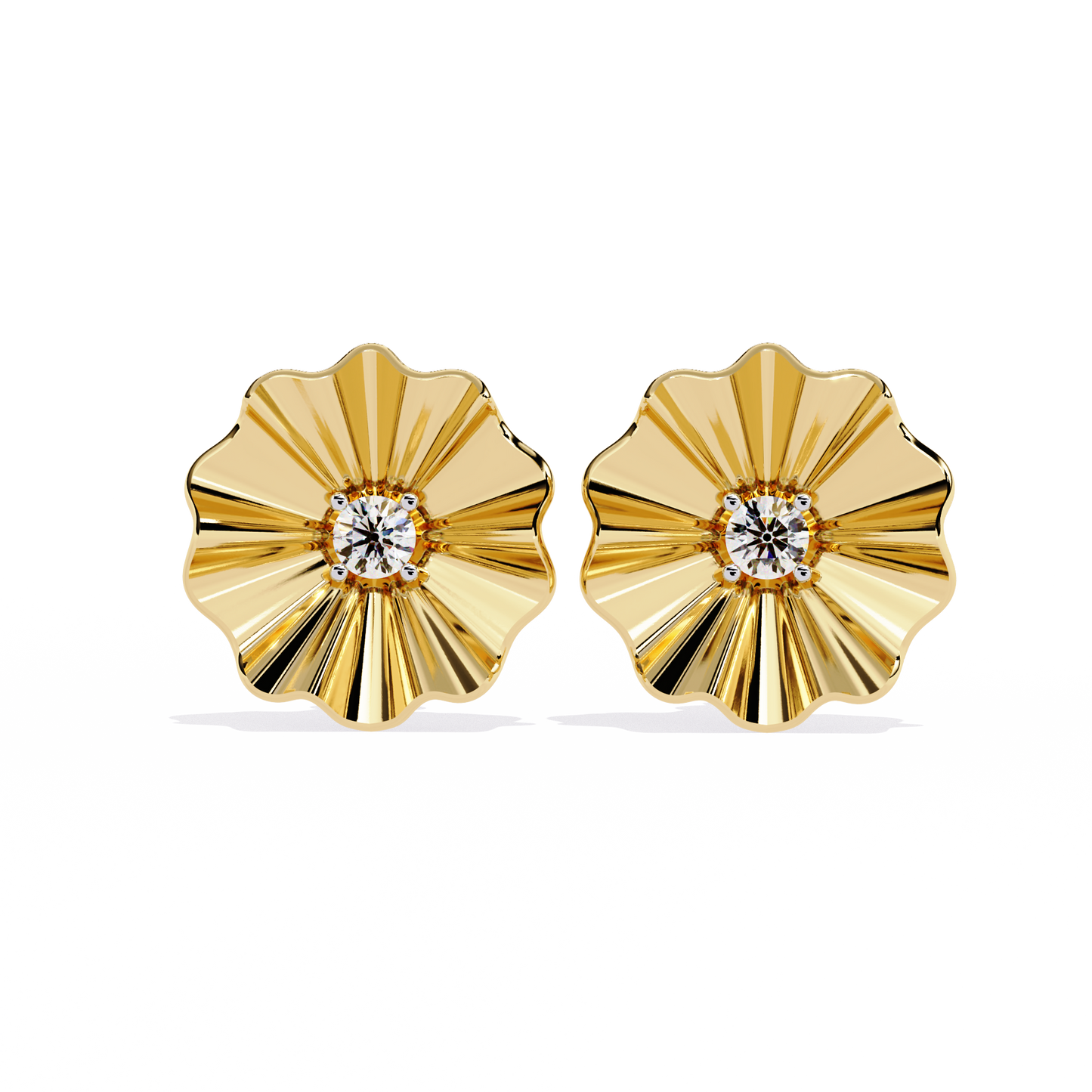 Close up of floral lab grown diamond earrings with polished petal details