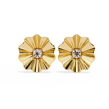 Close up of floral lab grown diamond earrings with polished petal details