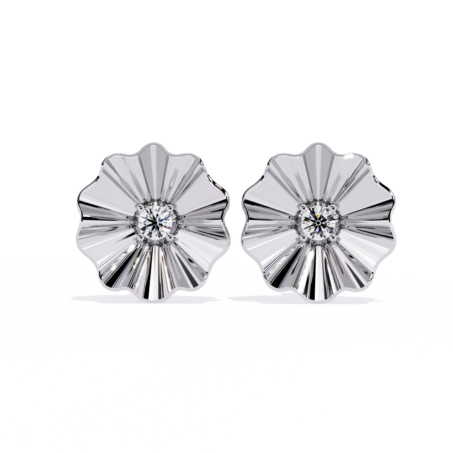 Front view of floral lab grown diamond stud earrings in white gold