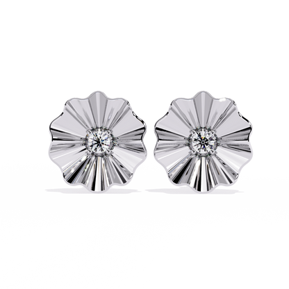 Front view of floral lab grown diamond stud earrings in white gold