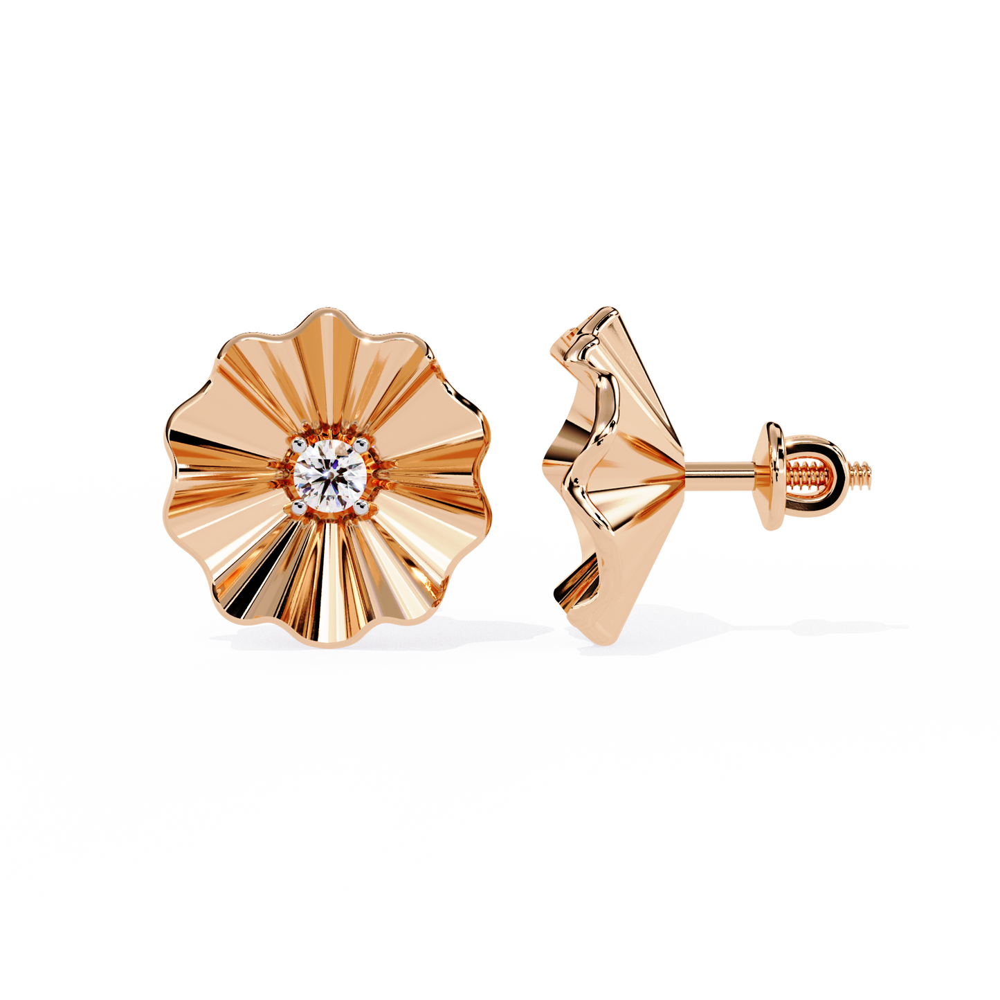 Side profile of flower shape lab diamond stud earrings with secure backing