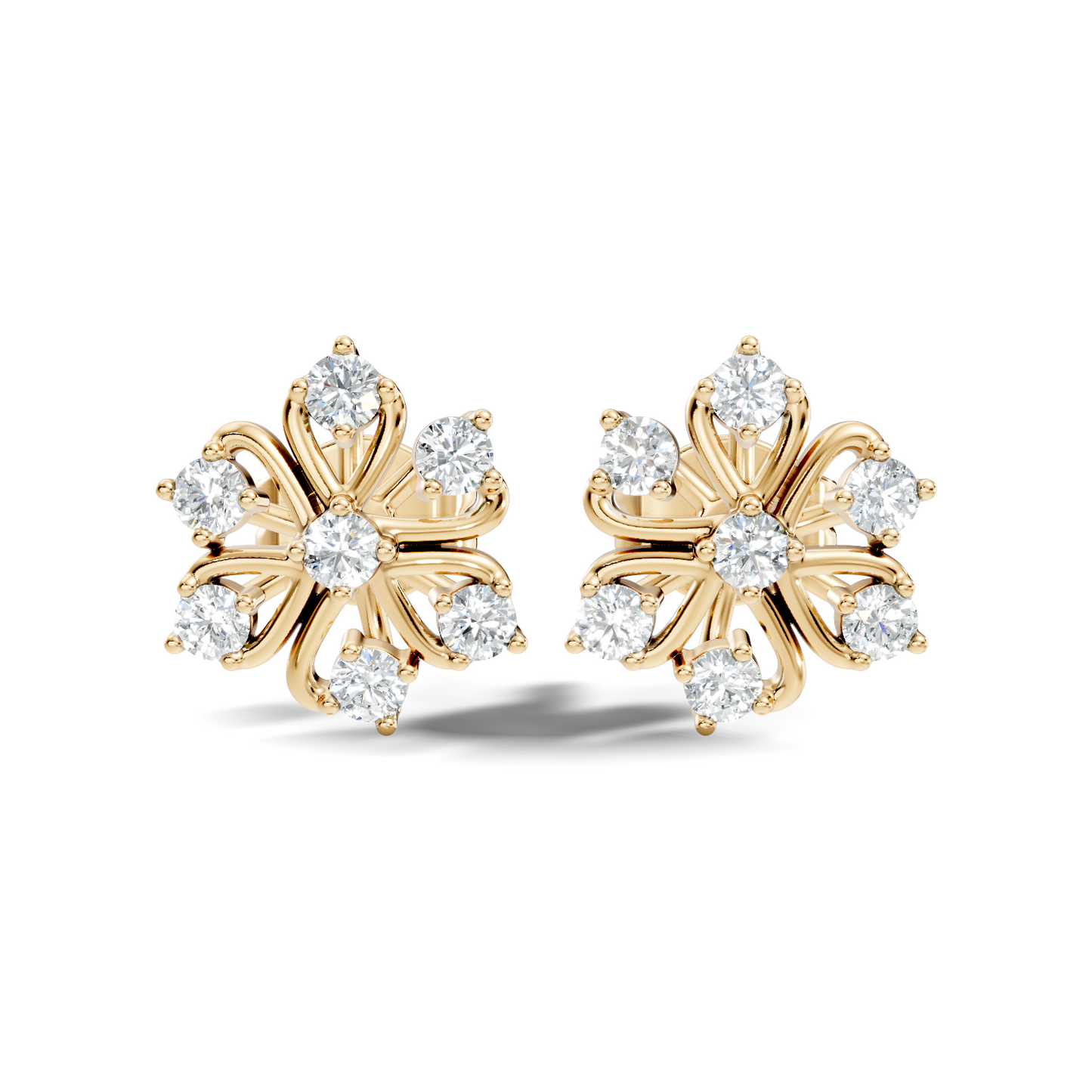 Yellow gold flower earrings with round cut lab grown diamonds