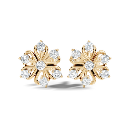 Yellow gold flower earrings with round cut lab grown diamonds
