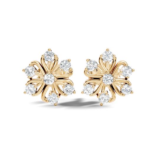Yellow gold flower earrings with round cut lab grown diamonds
