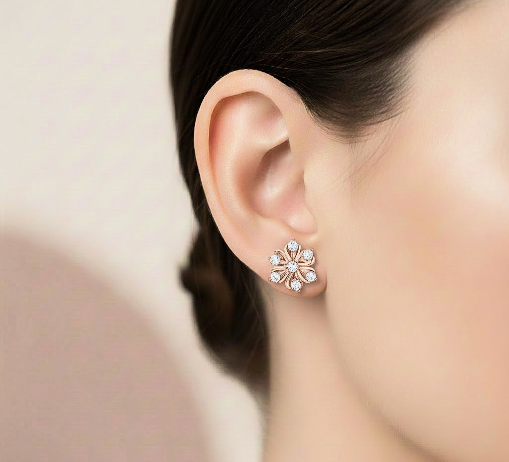 Round cut diamond floral earrings in rose gold finish