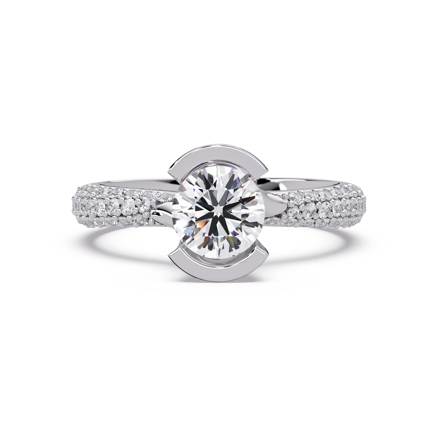 Round Lab Grown Diamond Half Bezel Accented Engagement Ring - HIGHCARAT DIAMONDS