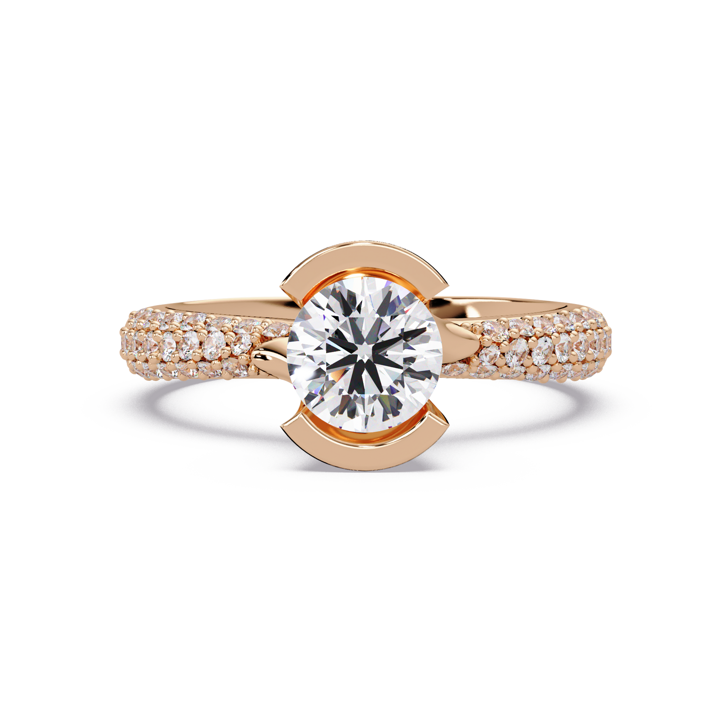 Round Lab Grown Diamond Half Bezel Accented Engagement Ring - HIGHCARAT DIAMONDS
