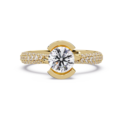 Round Lab Grown Diamond Half Bezel Accented Engagement Ring - HIGHCARAT DIAMONDS