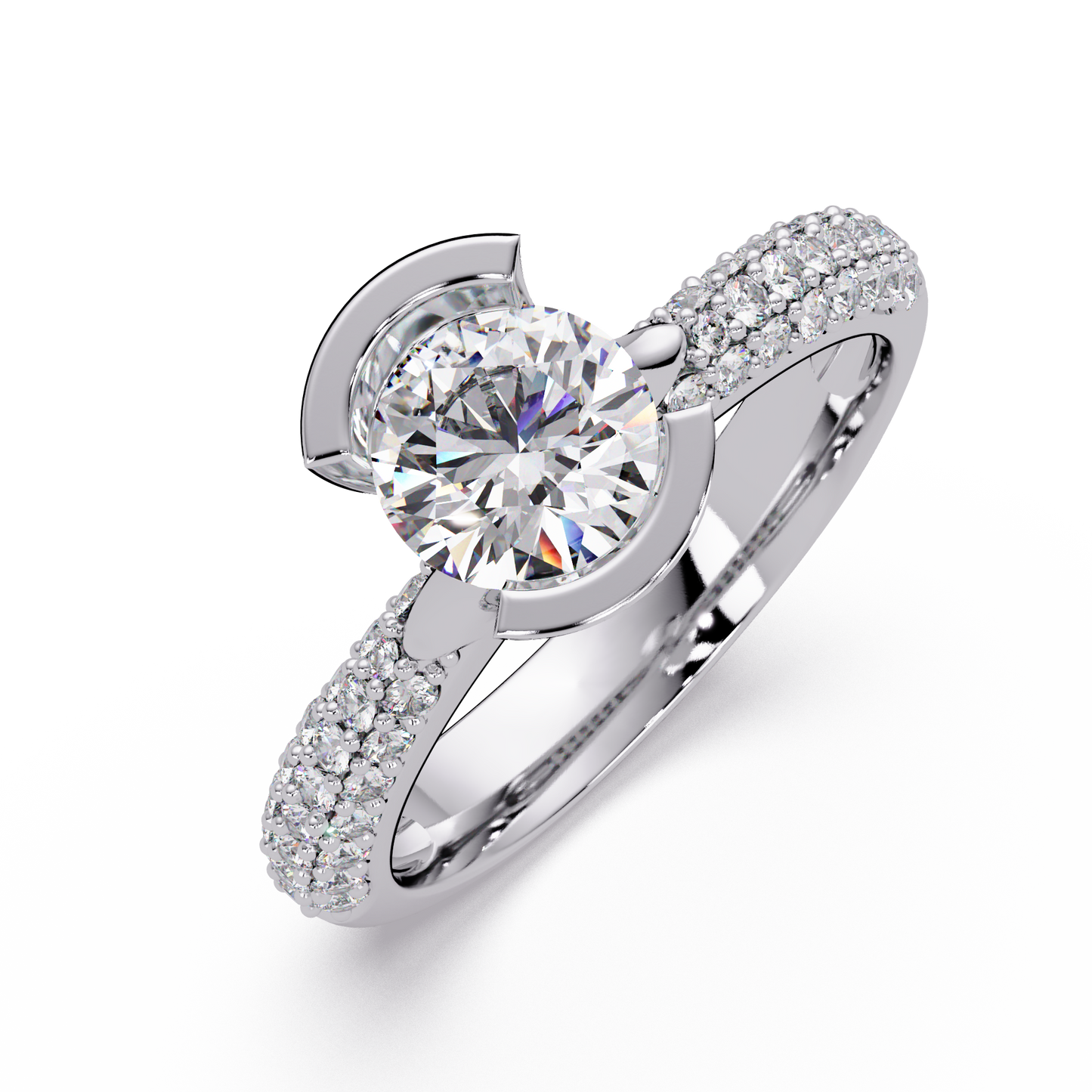 Round Lab Grown Diamond Half Bezel Accented Engagement Ring - HIGHCARAT DIAMONDS