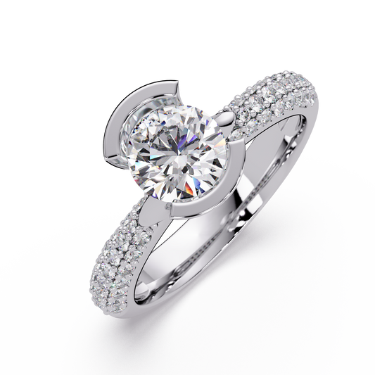 Round Lab Grown Diamond Half Bezel Accented Engagement Ring - HIGHCARAT DIAMONDS