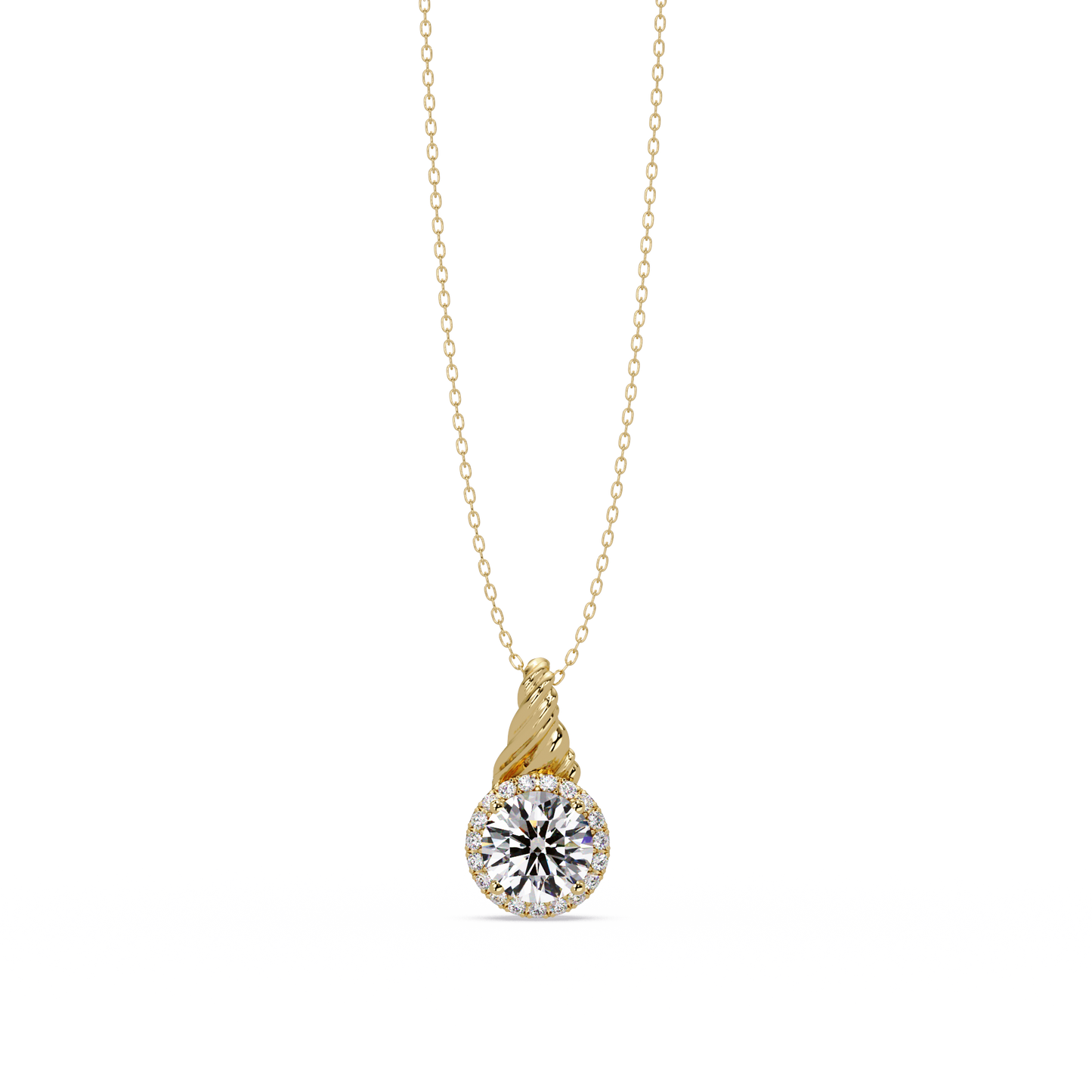 Round Lab Grown Diamond Halo Twist Solitaire Pendant - HIGHCARAT DIAMONDS