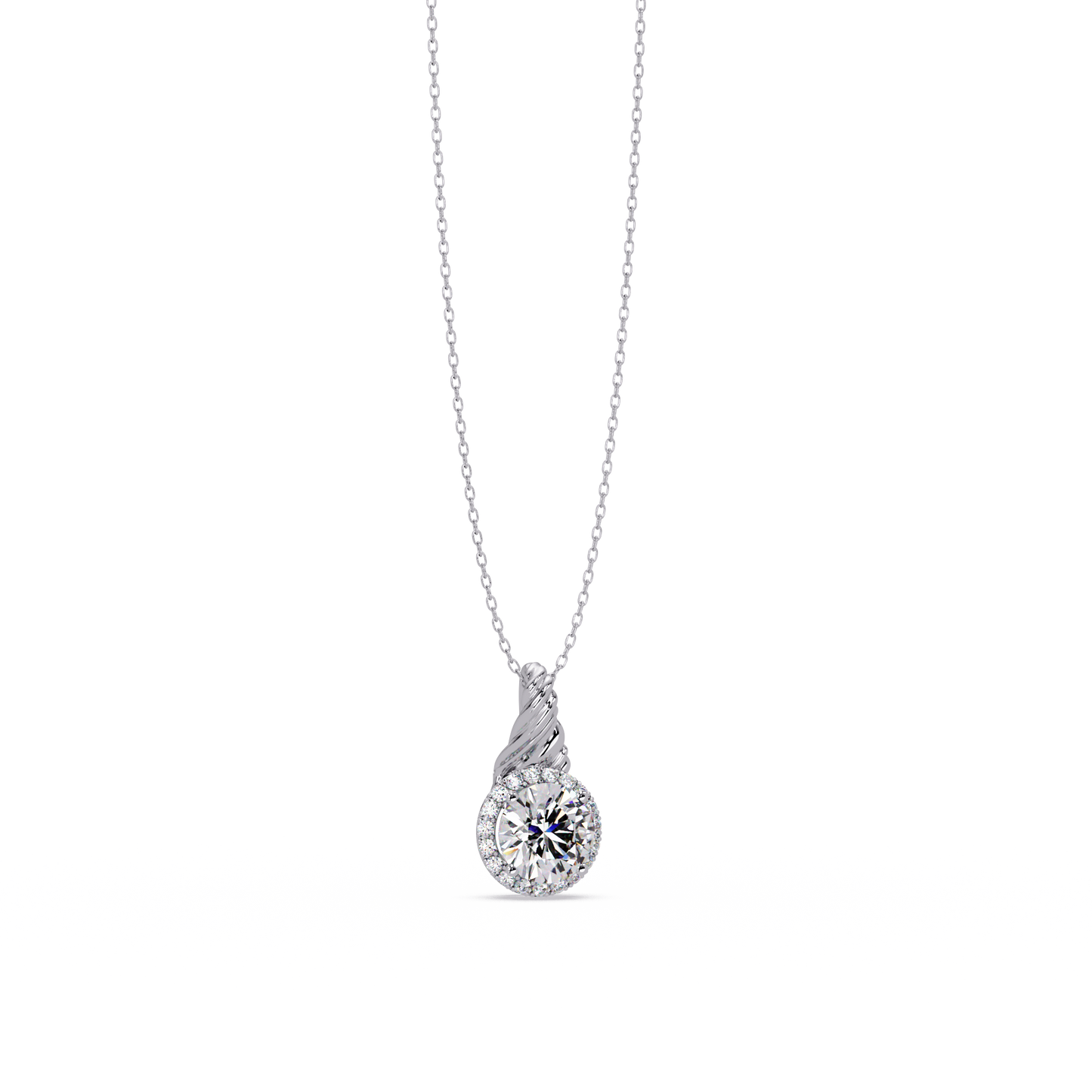 Round Lab Grown Diamond Halo Twist Solitaire Pendant - HIGHCARAT DIAMONDS