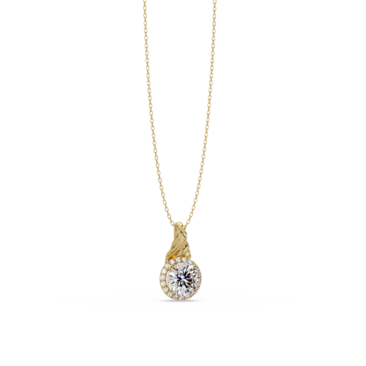 Round Lab Grown Diamond Halo Twist Solitaire Pendant - HIGHCARAT DIAMONDS
