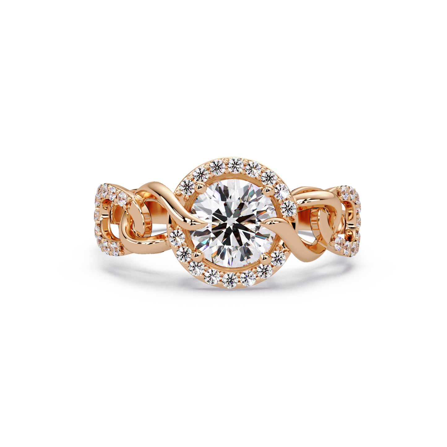 Round Lab Grown Diamond Halo Twisted Link Band Ring - HIGHCARAT DIAMONDS