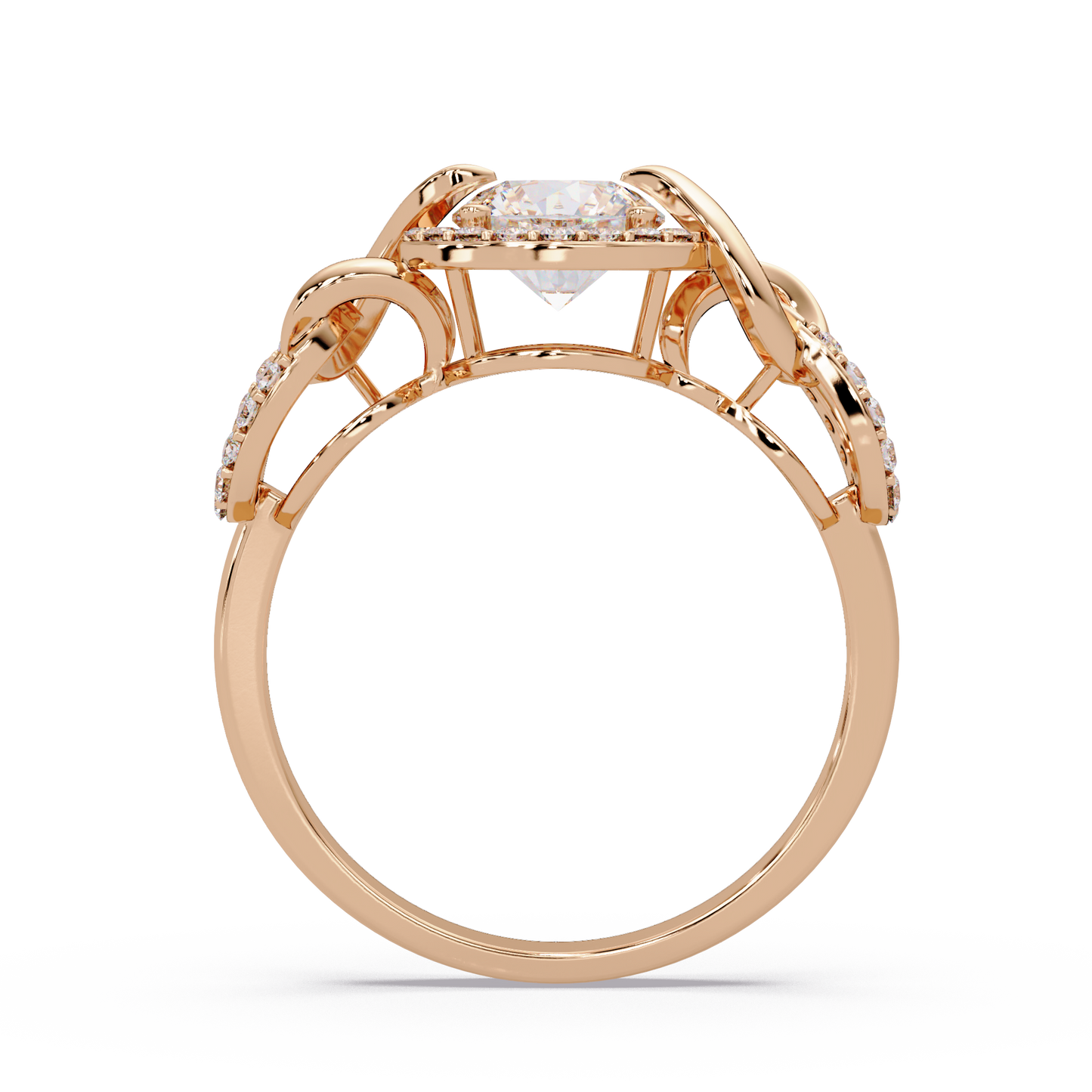 Round Lab Grown Diamond Halo Twisted Link Band Ring - HIGHCARAT DIAMONDS