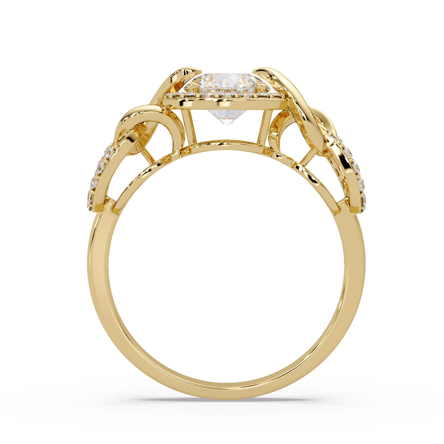 Round Lab Grown Diamond Halo Twisted Link Band Ring - HIGHCARAT DIAMONDS