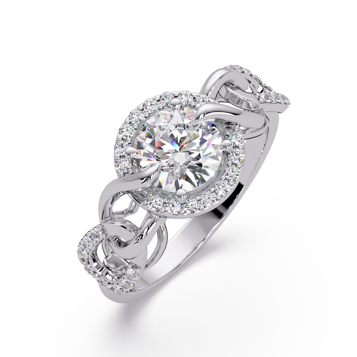 Round Lab Grown Diamond Halo Twisted Link Band Ring - HIGHCARAT DIAMONDS