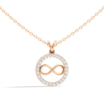 Yellow gold infinity pendant with round diamond circle