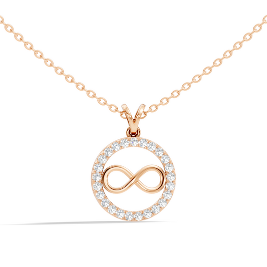 Yellow gold infinity pendant with round diamond circle
