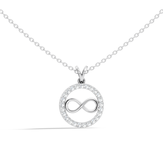 Yellow gold infinity charm pendant with diamond border