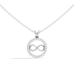 Yellow gold infinity charm pendant with diamond border