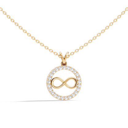 Infinity circle pendant with round lab grown diamond halo
