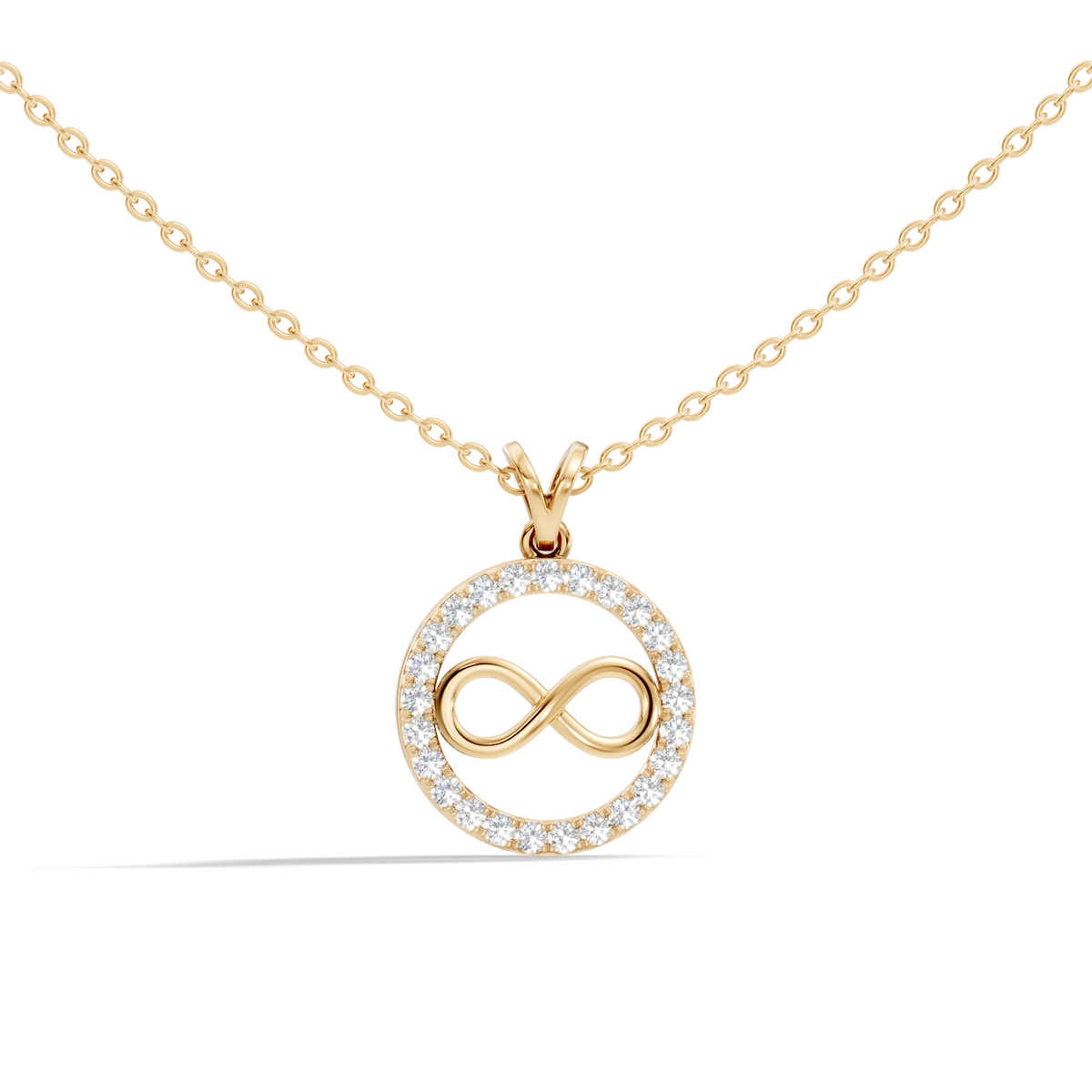 Infinity circle pendant with round lab grown diamond halo