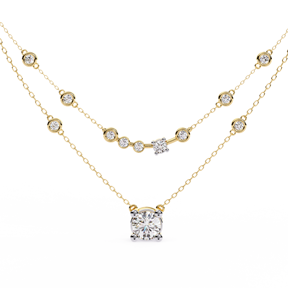 Multi strand diamond necklace with bezel set round stones