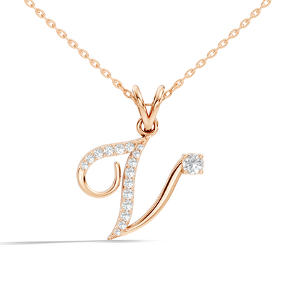 Rose gold alphabet V necklace with sparkling diamonds