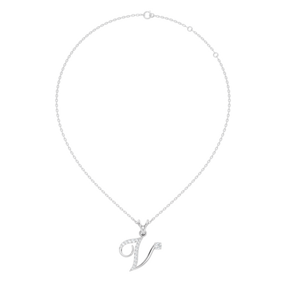 Round diamond initial V pendant necklace in rose gold