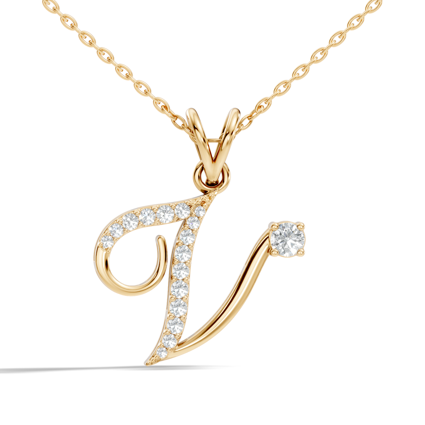 Stylish V alphabet pendant in rose gold finish