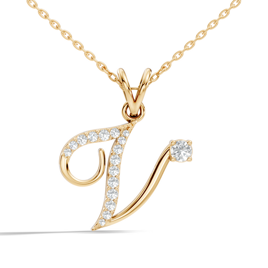 Stylish V alphabet pendant in rose gold finish