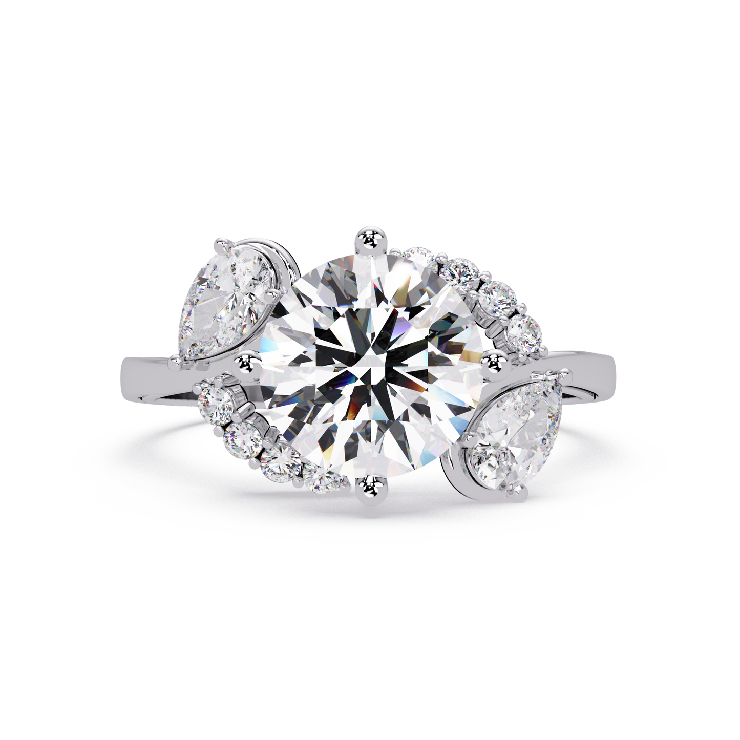 Round Lab Grown Diamond Pear Side Stones Ring - HIGHCARAT DIAMONDS