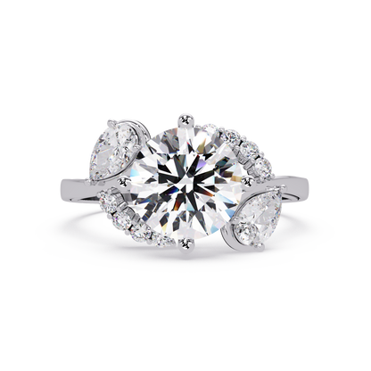 Round Lab Grown Diamond Pear Side Stones Ring - HIGHCARAT DIAMONDS