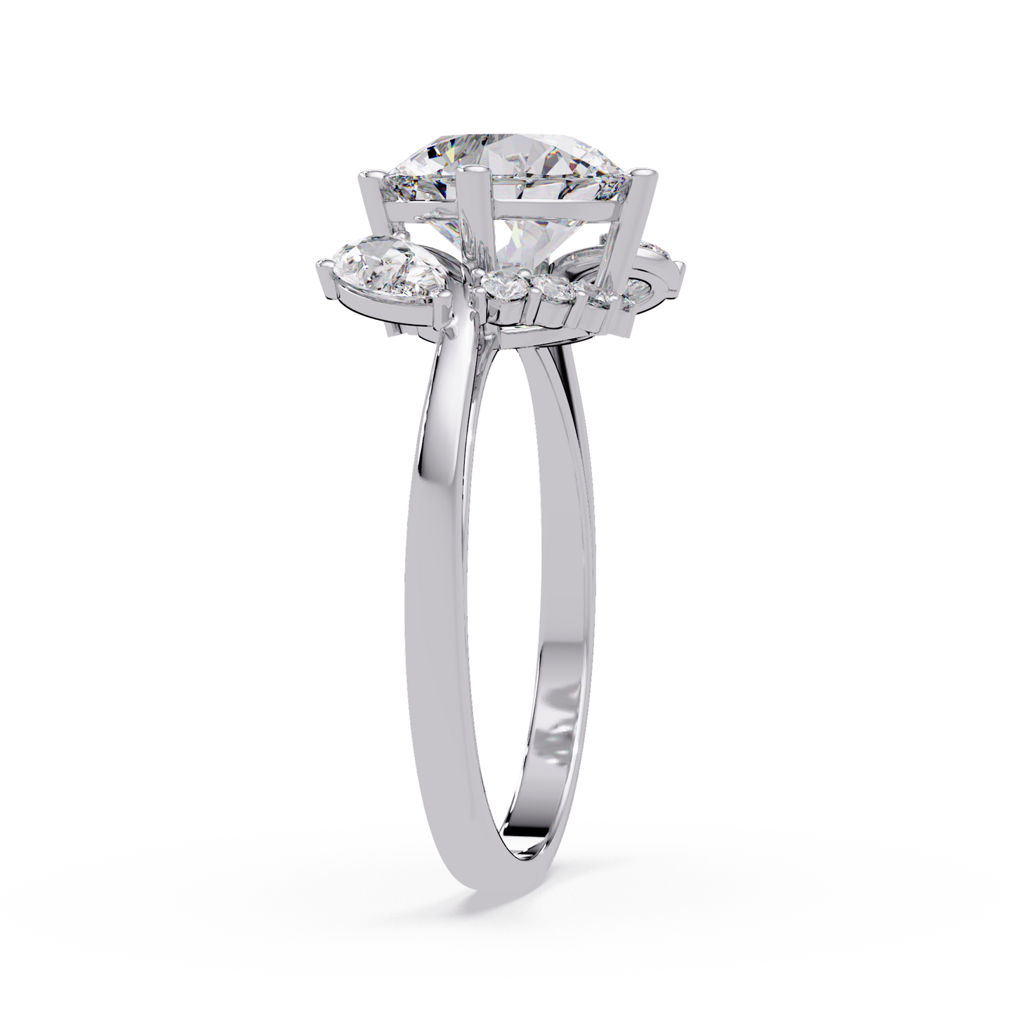 Round Lab Grown Diamond Pear Side Stones Ring - HIGHCARAT DIAMONDS